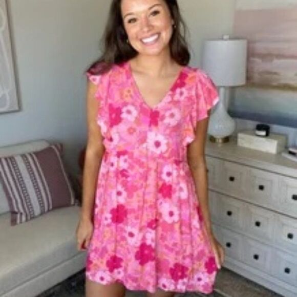 Andree by Unit Pink Floral Flutter Sleeve Dress | Women’s Medium - Picture 1 of 6